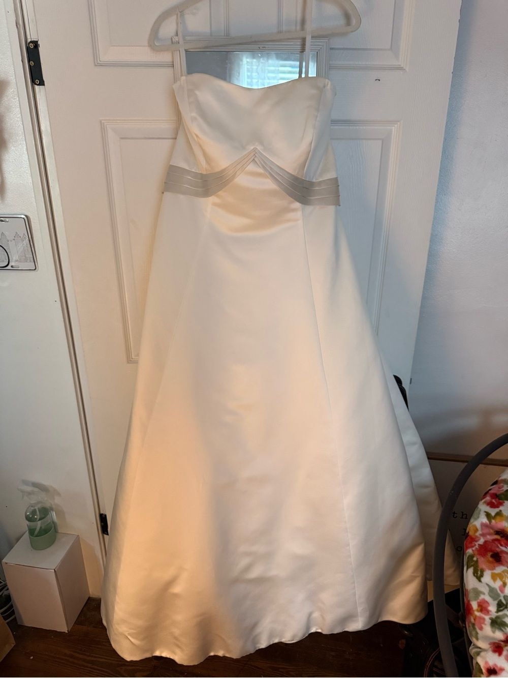 Allure Bridals Ivory A-Line Strapless Satin Wedding Dress with Champagne Detail